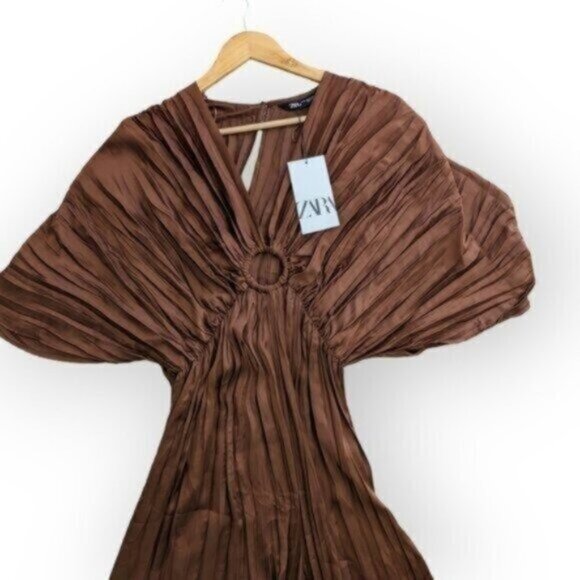 Zara Brown Wrinkled Satin Effect Jumpsuit Size XS Women - Picture 3 of 8
